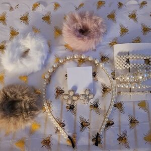 Pearl Head Band  and Fur Hair Accessories Set /Earrings